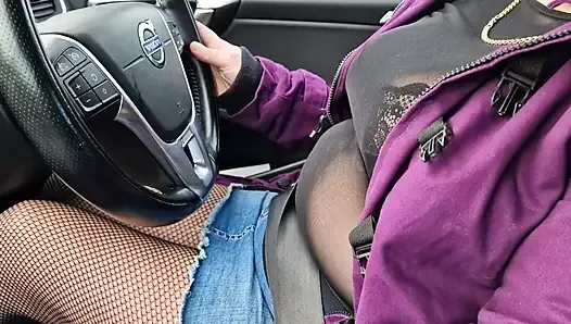MILF Driving with tits out, bra, short skirt, see-through top, around the city
