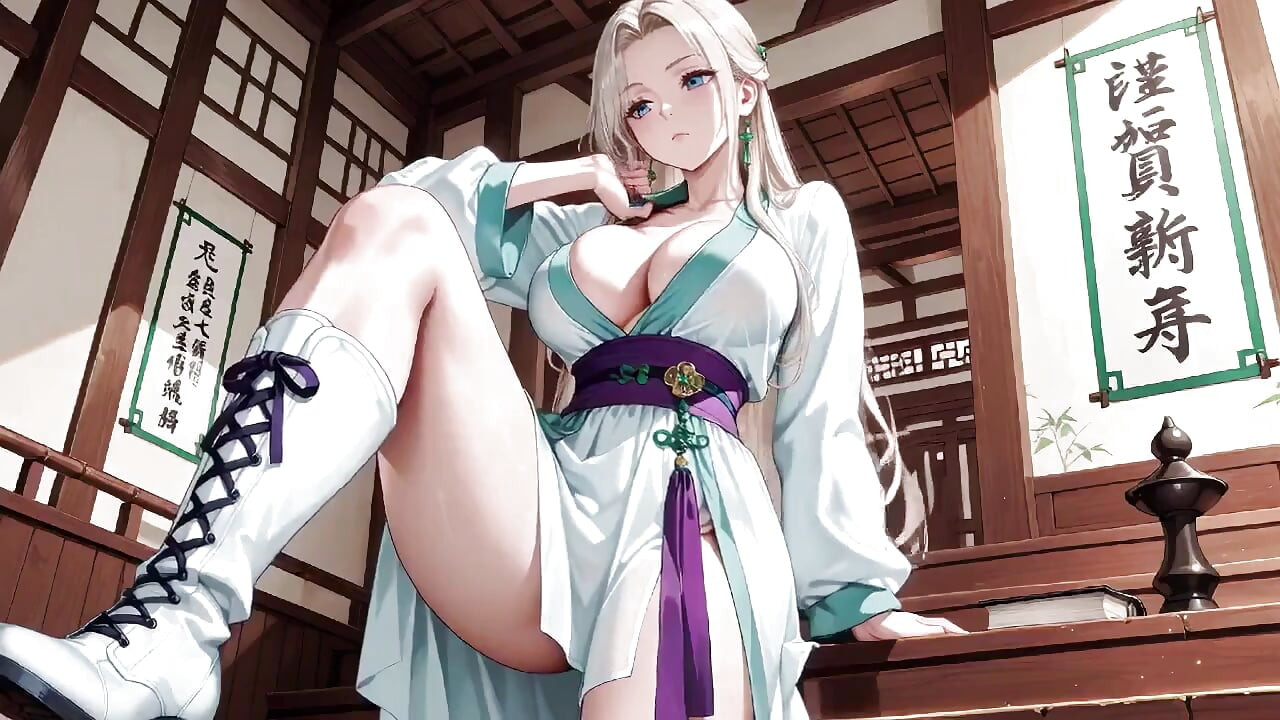 Hvid kimono pige! Knælende i den japanske korridor, kæmpe spalte, der afslørede våde lår i solen.