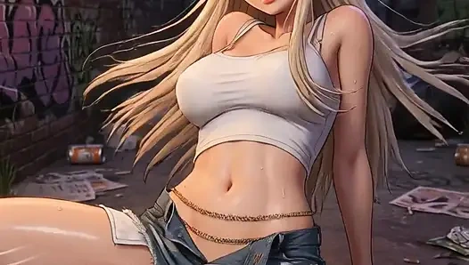 Pirang dengan atasan putih dan payudara tebal, masturbasi di gang samping