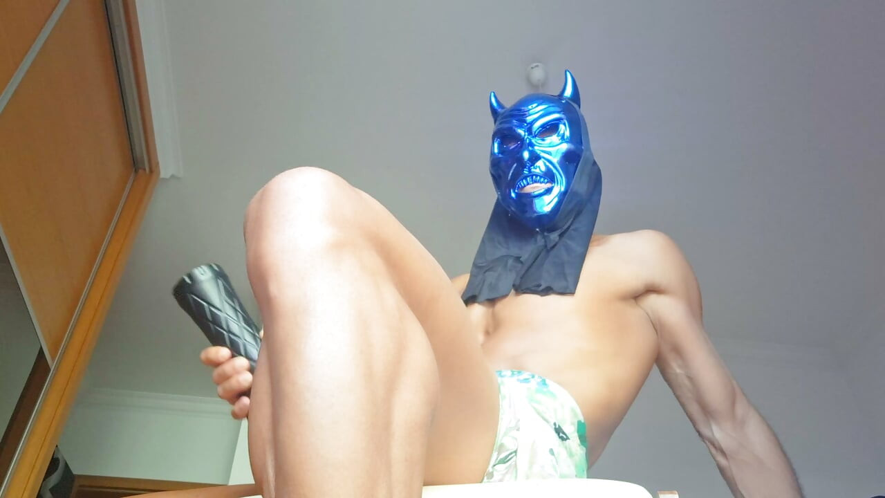 Blue Monster Mask Halloween Solo - Hard Cock Pounds Fleshlight Until Cumshot Inside