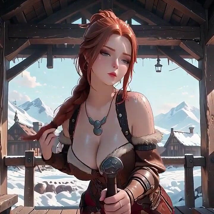 Redhead Warrior in Snow! Forbidden Leather Armor Seduction in Medieval Village. Cold Queen Unzips Her Gear & Goes Wild!
