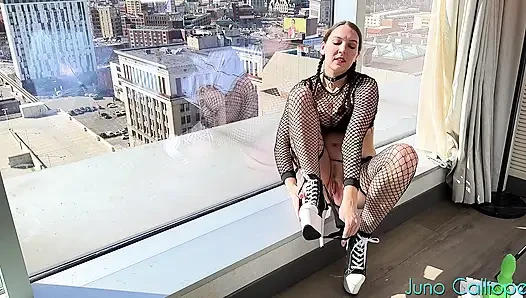 Filthy slut squirts like crazy while fucking her pussy in her window