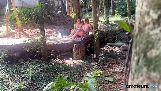 Voyeur Catches Two Horny Housewives Doing Yoga in the Woods at bAmateurs
