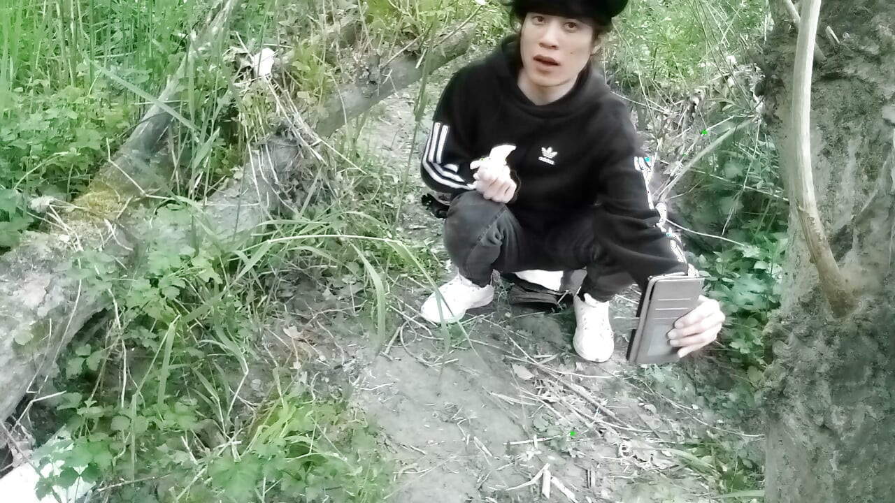 Cute Jon Arteen Gay twink jerks off outdoors, dry-humps the air, and shoots cum through a hole in his pants