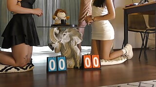 Two hot beautiful horny girls try to make a big cock guy cum with a dice challenge double handjob game