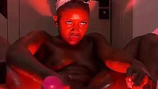 Long Dildo Goes Deep Into Creamy Ebony Pussy