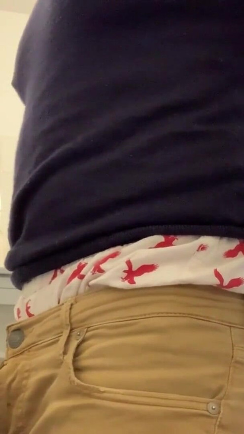 Beating off in the bathroom, cum stains everywhere, dried cum stains on black jeans fetish. AE boxers too. | Clip 1