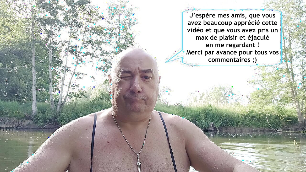 The plump, mustachioed daddy is having a blast in the stream, shamelessly masturbating with mud