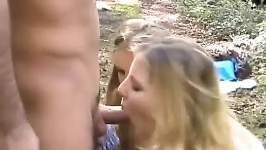 Two Fabulous German Babes Sharing a Loaded Pecker in the Woods
