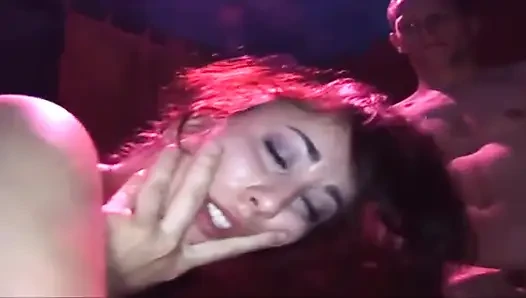 Mature Brunette Stretched Wide by Multiple Hands in Wild Orgy