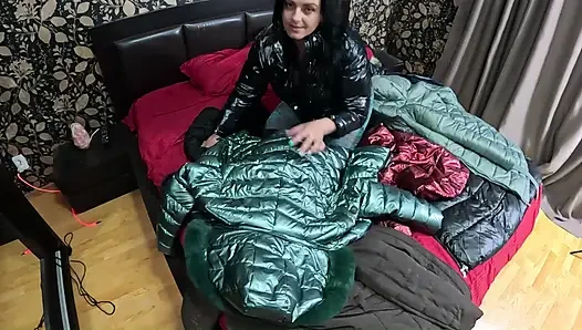 Shiny Downjacket Fetish MILF. Multiple Jackets, Rough Fuck and Cum All Over My Coat
