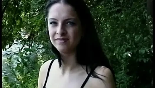 Brunette cutie gaping pussy at casting