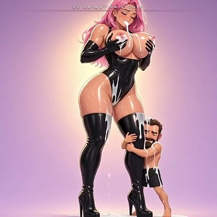 Pink-haired Anime Latex Giantess Squeezes Milk From Her Huge Tits as a Tiny Man Hugs Her Boot