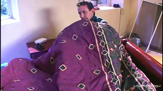 Old guy gets lucky with a pretty girl in her bedroom