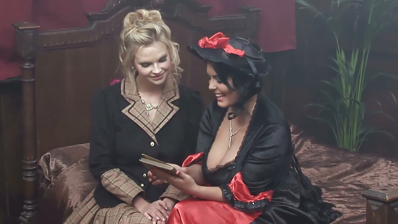 Red Satin and Black Corsets - Blonde and Two Busty Brunettes Lick Each Other in the Parlour