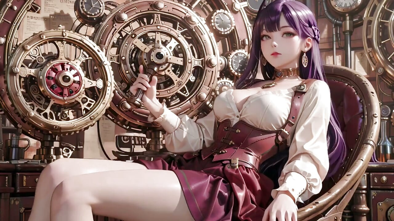Purple Hairs in a Steam Fantasy! Surrounded by giant gears, she kneels lazily.