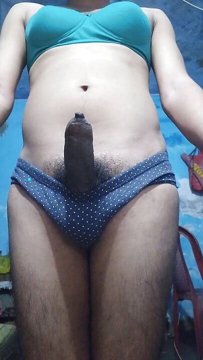 Indian Sissy Femboy Crossdresser with Phimosis Dick Jerking and Stroking While Wearing His Step Sister's Bra and Panties