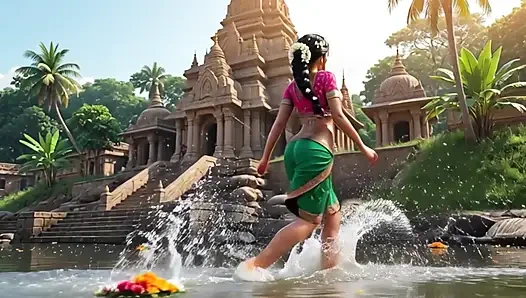 Çok büyük memeli güzel Hintli kızlar grup sekste ve saray havuzu çizgi film tarzında kışkırtıcı bir şekilde banyo yapıyor