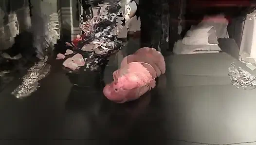 Male slave trapped under the trample table cbt board for cock abuse under the shoes of his Mistress