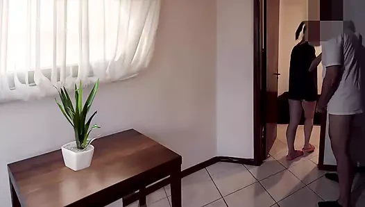 Komşum ve kocam için oral seks sadece izliyor.