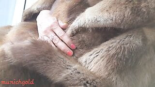 little bitch with long labia pussy lips masturbates in a fur coat on the balcony