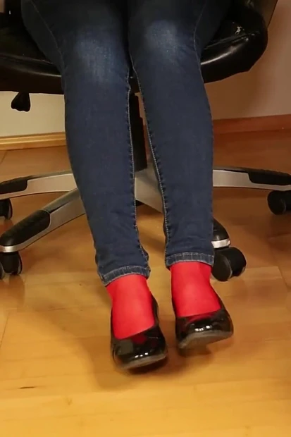 Red Nylon Feet in Black Shiny Heels - Dangling & Tease in Tight Jeans