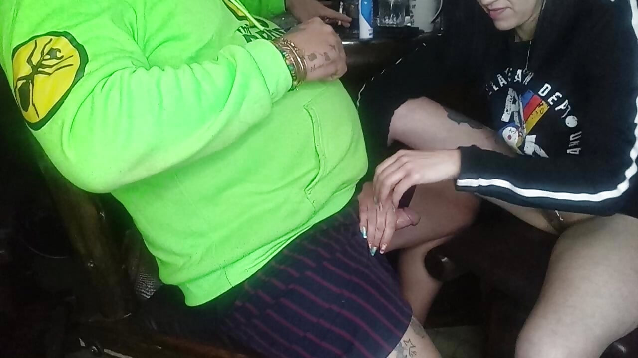 Giving him a handjob with his cum al over my hands