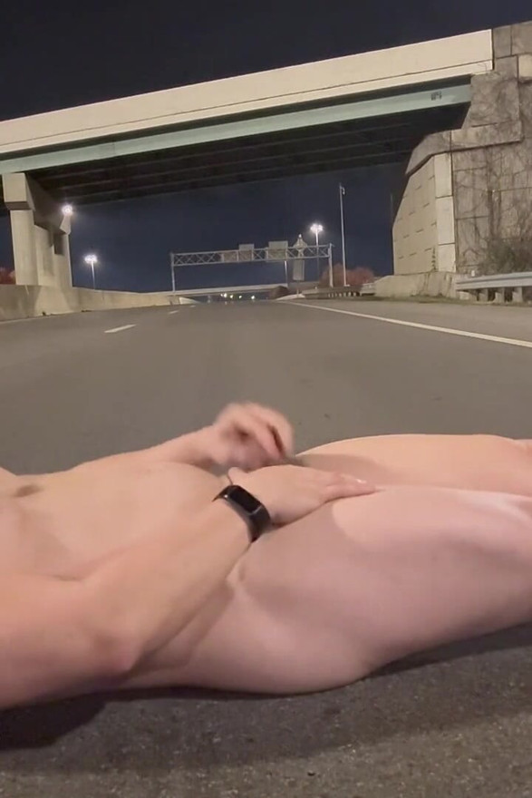 Naked Muscled Asian Walks to the Middle of an Empty Road at Night, Flexes Hard & Shoots a Massive Load
