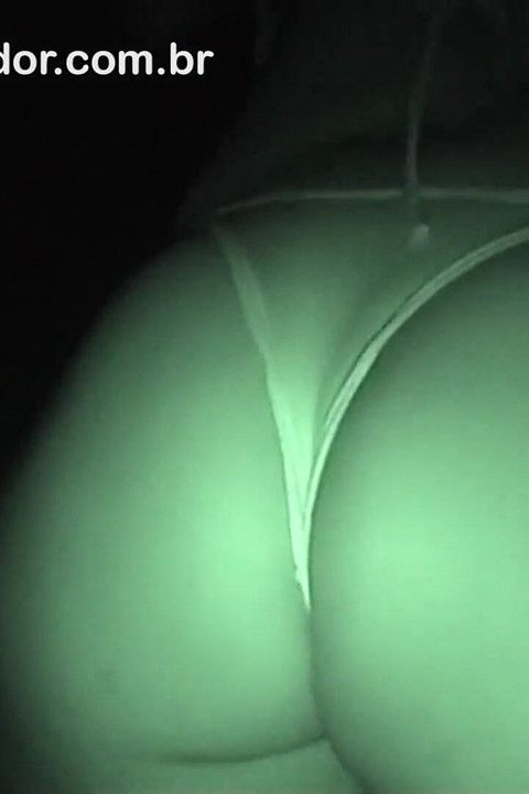 Amateur POV video shows spectacular brunette half naked on beach with full moon night