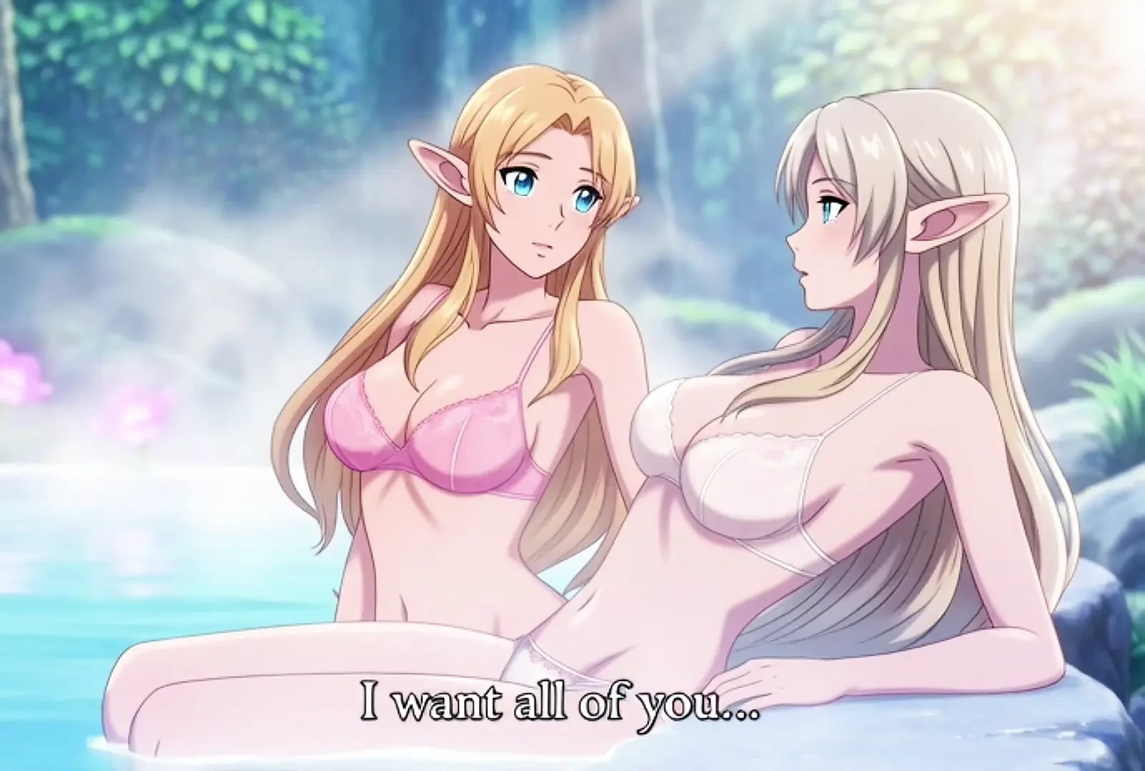 Two beautiful lesbian elves share an intimate night in a magical hot springs