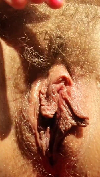 Memorable moment from "Closeup hairy huge pussy and long labia rubs her big clit and cums for you"