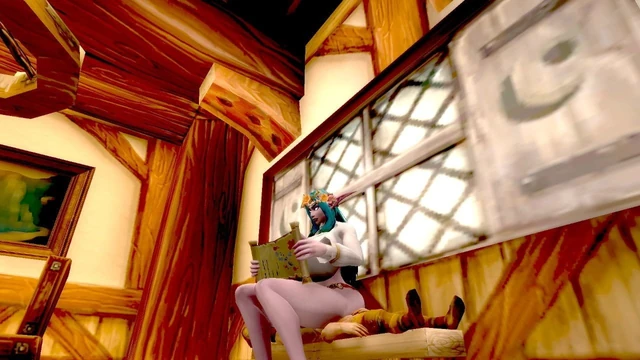 Night Elf domme facesitting two subs at once