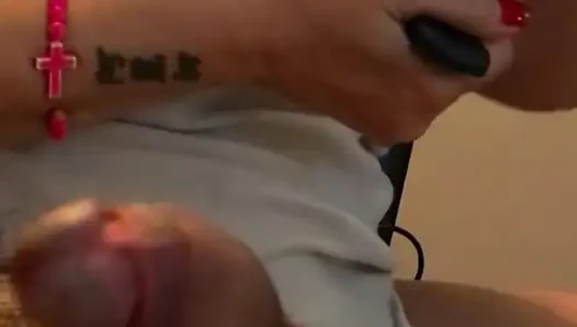 Big load of cum after a quick handjob watching tv together