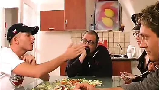 Sexy brunette babe big dick sucking in the kitchen...cum in mouth
