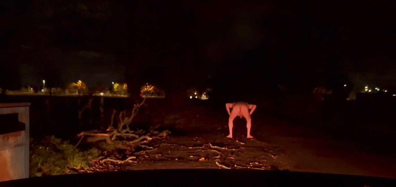 Twerking and jerking Wearing just a fishnet body suit stocking then stripping naked at side of road