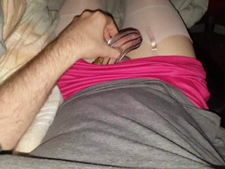 Sissy in chastity and white stockings