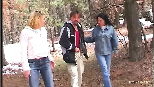 The sweet blonde and brunette babes share his big cock during the steamy...