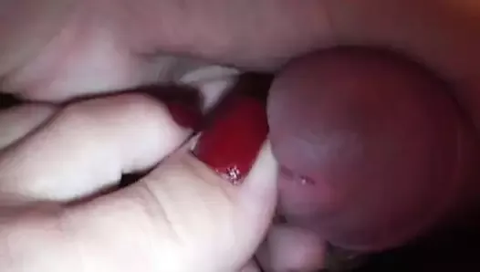 Red toenail play with peehole