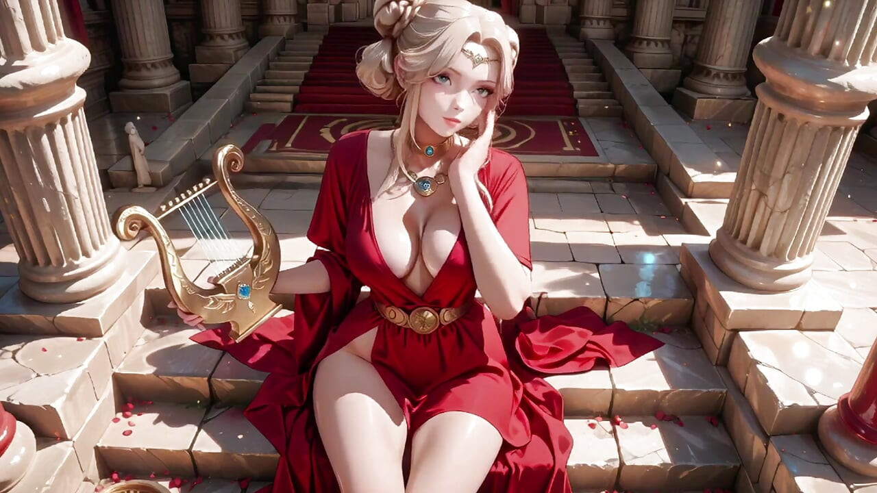 Blonde Goddess in Red! Forbidden Gaze in the Ancient Corridor, Deep V & High Slit teasing you.