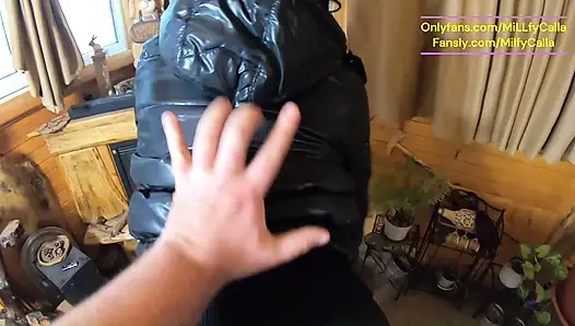 Celana kulit ketat & downjacket mengkilap joi - merokok, menggoda & muncrat di mantel bengkakku