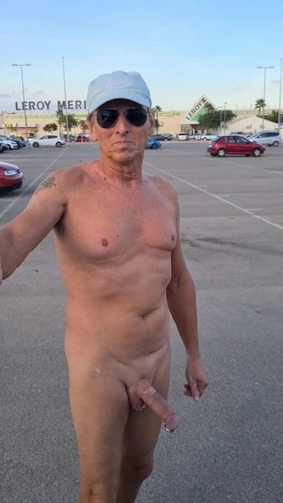 Public nude with erected pierced shaved cock