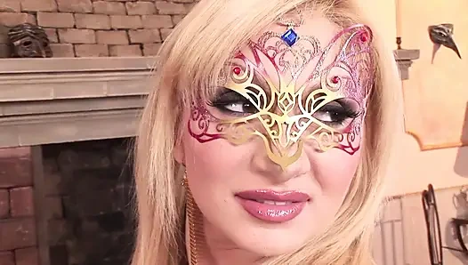 Hot Blonde in Mask and Sexy Lingerie Ass Fucked in Threesome