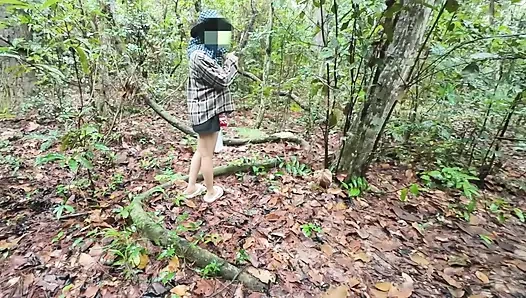 Thai girls walking and talking and picking mushrooms in the forest, secretly showing in the deep forest Clear Thai voice