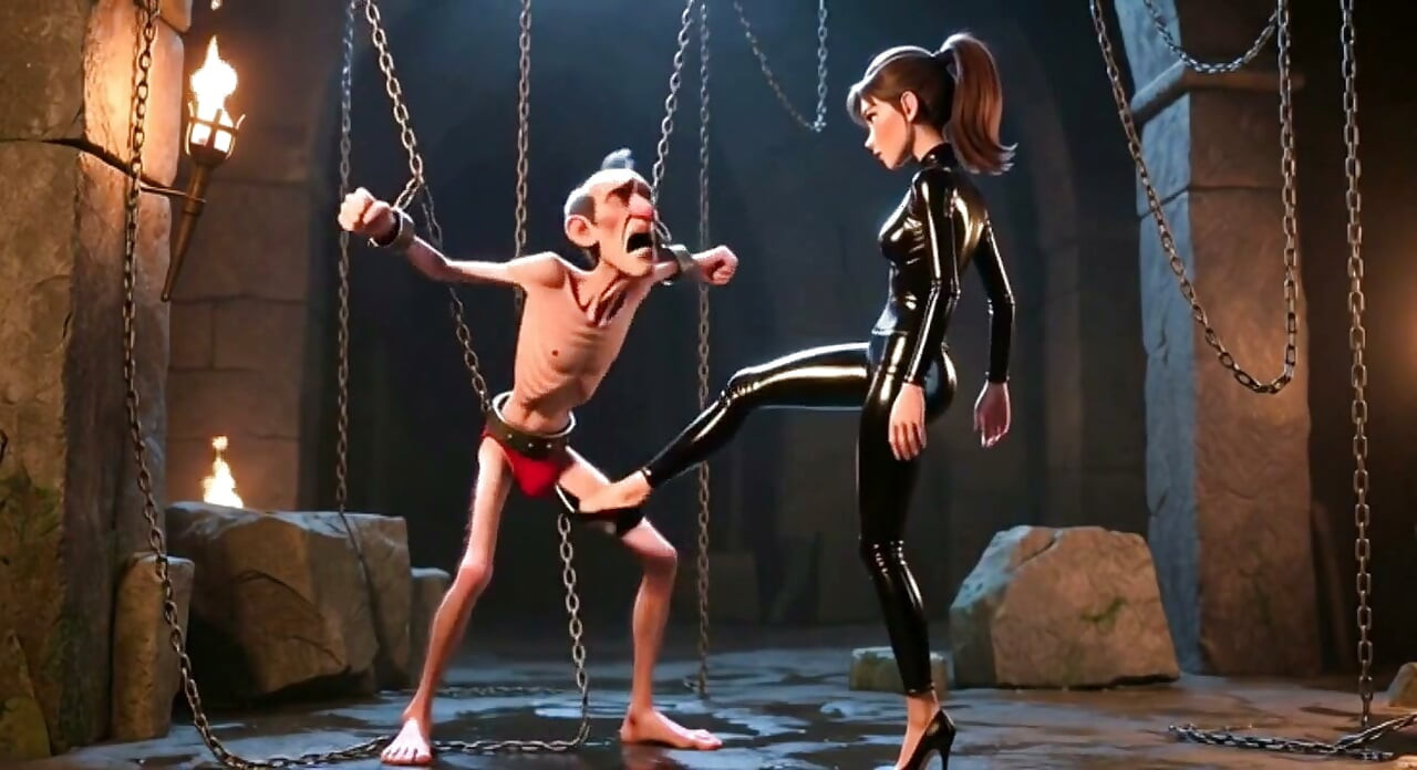 Ballbusting - Dominatrix sparkar bollar på en bunden mans bollar