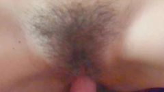 Shoot a big cumshot on hairy pussy and body of my wife