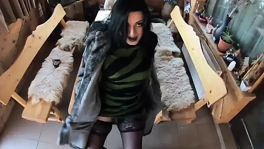 Elegant Fur-coated Slut Fucked on a Wooden Table and Covered in Cum Twice