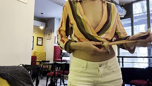 Wife exposing boobs and big pierced nipples while having coffee in a bar public while my husband plays with my boobs