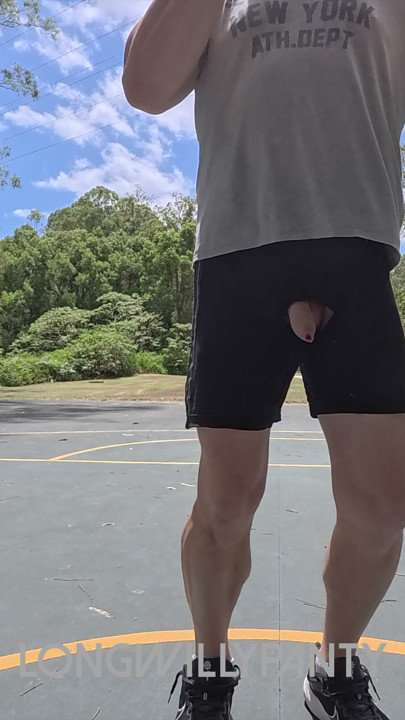 Straight guy hanging out his uncut cock at the public space.