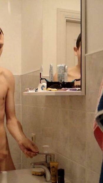 Shy gay boy moans and orgasms in the bathroom before leaving for school