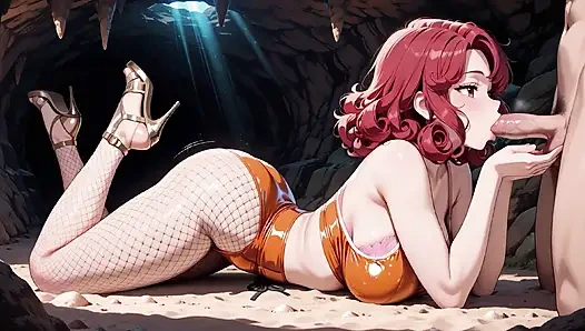 Anime rothaarige reitet hart im orange bikini, bis zum tropfenden Überlauf